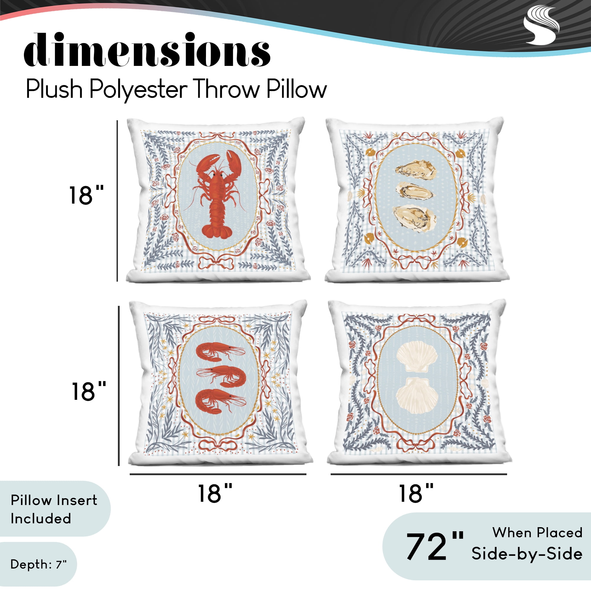 Stupell Industries Sea Creatures on Blue Gingham 4 Piece Decorative Printed Throw Pillow Set, design by Vero Illustrates, 18 x 7 x 18