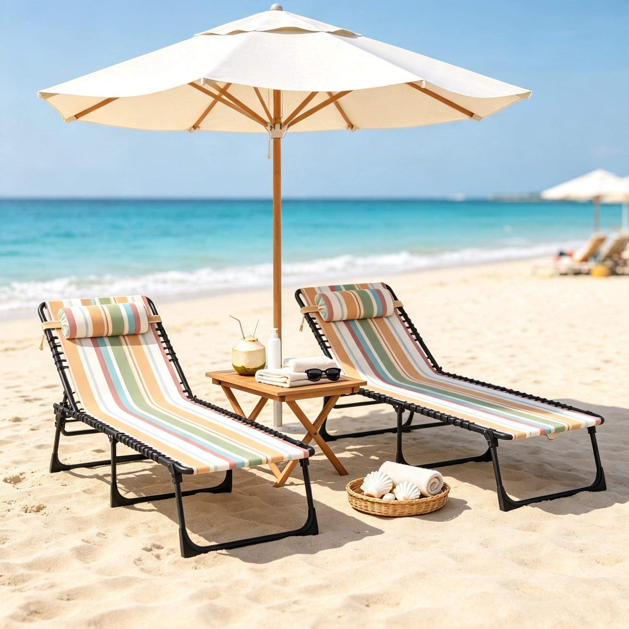 2 Folding Outdoor Lounge Chairs, for Beach Camping Use, Pillow, Mesh & Bungee Seat, Striped