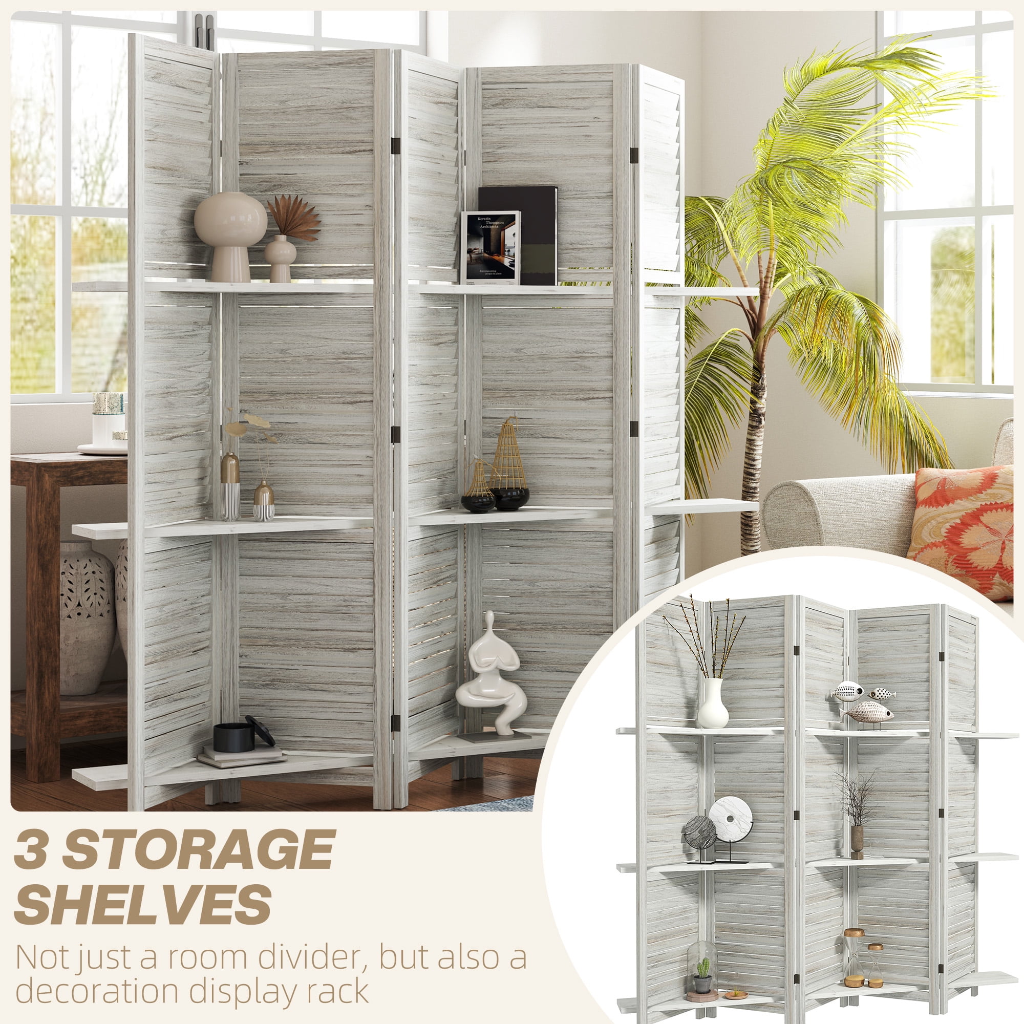 HOMCOM 5 Panel 67" Tall Wood Privacy Screen Room Divider with 3 Display Shelves, and Folding Storage for Bedroom or Home Office, Distressed White