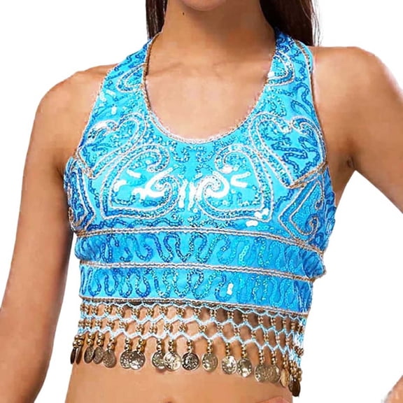 DHFJKG Women Sequin Crop Top Belly Dance Halter Side Tie Tank Top Coin Tassel Camisole Shirt Sleeveless Glitter Stylish Tops