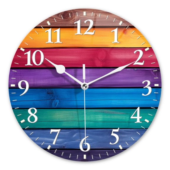 Non-Ticking Silent Wall Clocks Battery Operated Personalized Decor Clock for Living Room,Bedroom-Rainbow-Colored Wooden Wall Background With Horizontal Wood Slats(10inch)