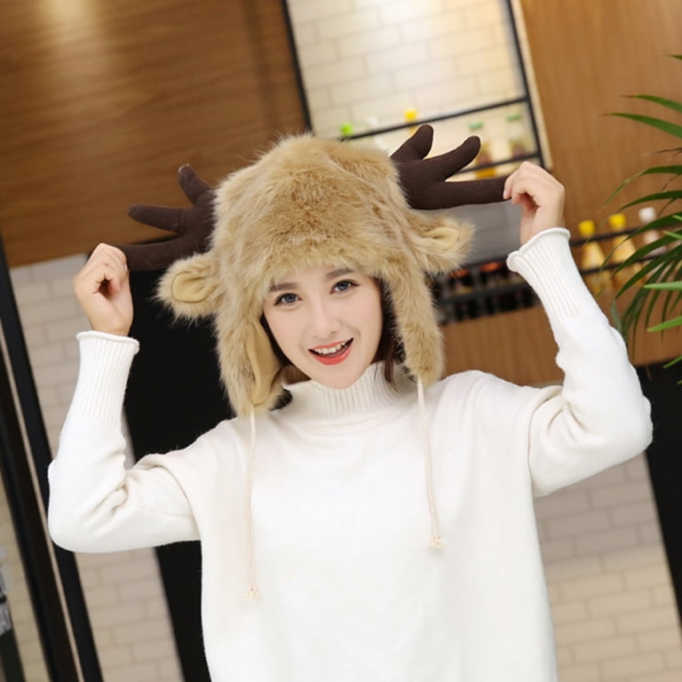 Women Men Winter Furry Plush Snow Trapper Hat Cute Ox Horns  display picture 2
