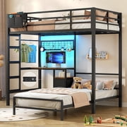 Metal Bunk Bed Twin Over Twin Size with Desk L-Shaped Bunk Bed with Led Lights & Charging Station for Adults, Twin Loft Bed Frame with Storage Shelves & Safety Guardrail & Ladder, Black