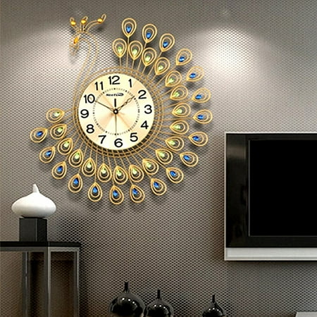 Large 21 3d Metal Silent Wall Clock Peacock 40pcs Diamonds