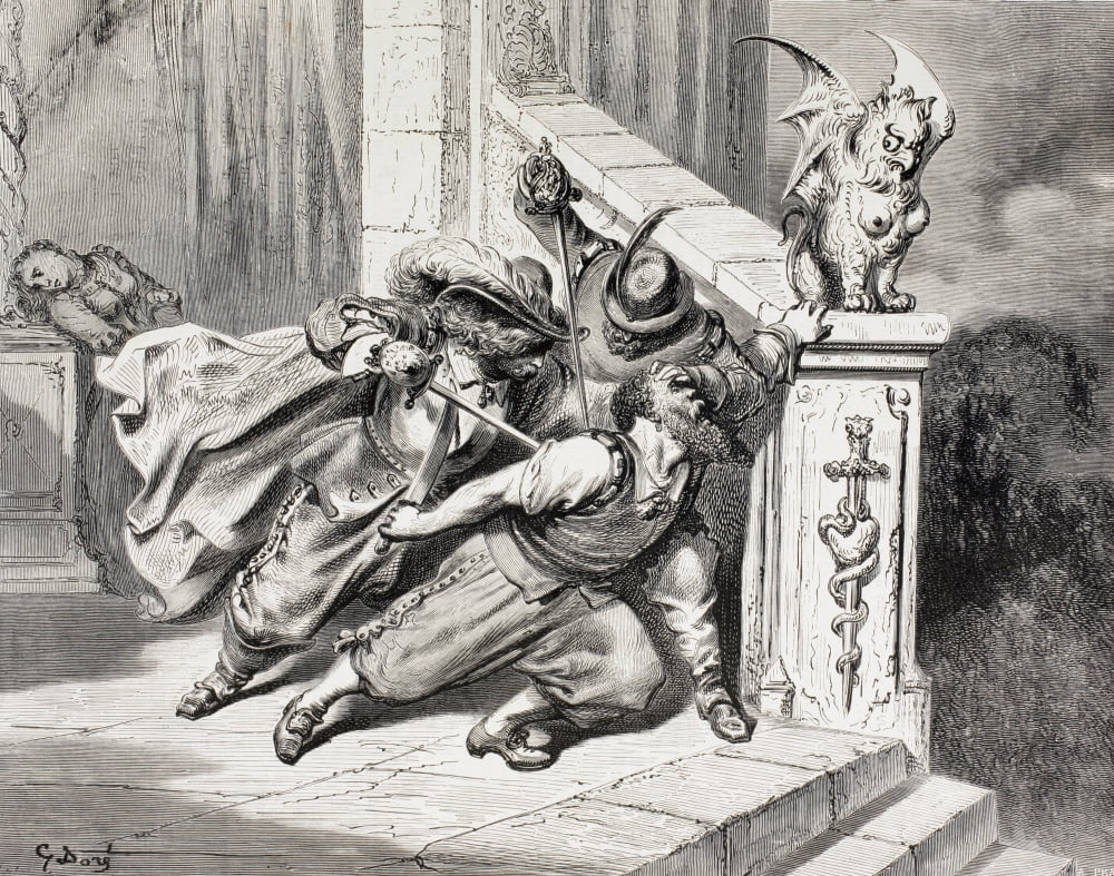 Scene From Bluebeard By Charles Perrault The Brothers Kill Bluebeard And Save Their SisterAnd Now Both Brothers Had Pierced His Body With Their Swords And He Fell Dead After A Work By Gustave Dore Fro
