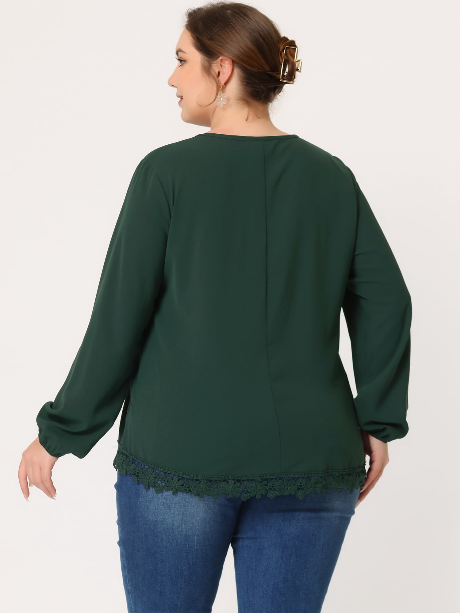 Unique Bargains Women's Plus Size Solid Pleated V Neck Lace Casual Blouse