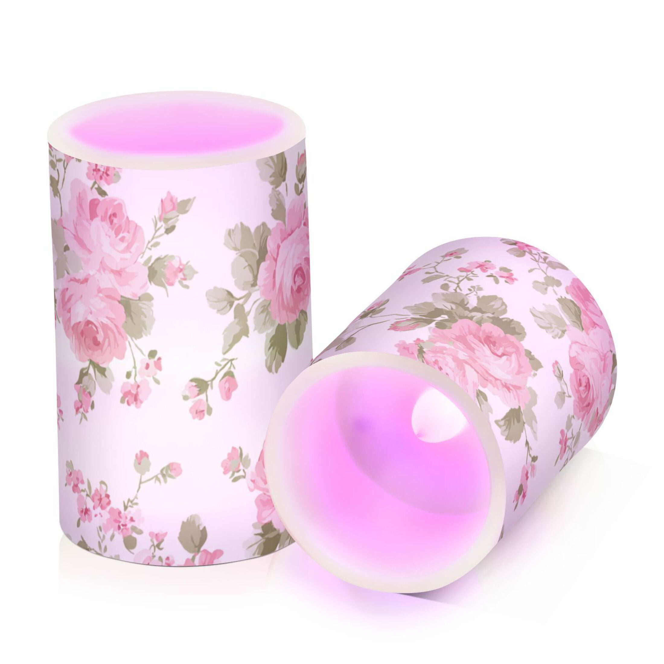 Chic Pink Roses Flickering Flameless Candles LED Tealight Battery Operated with Remote Set of 2 Holiday Decor Ornaments