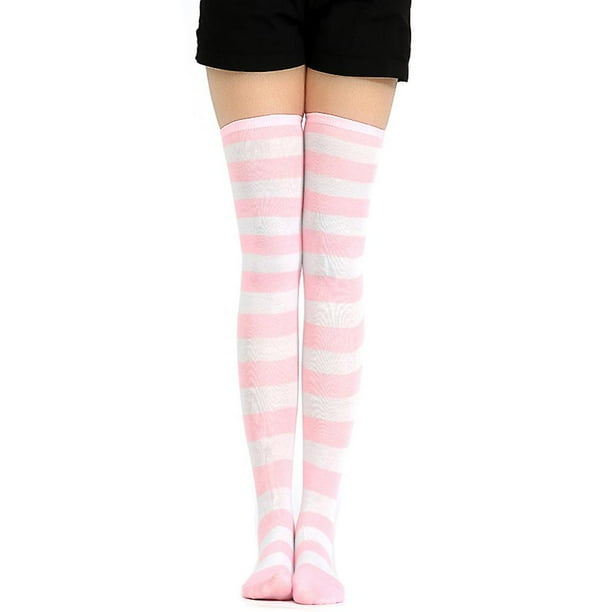 Calcetines largos de punto para mujer y niña, medias largas con rayas de colores contrastantes por encima de la rodilla y hasta el muslo