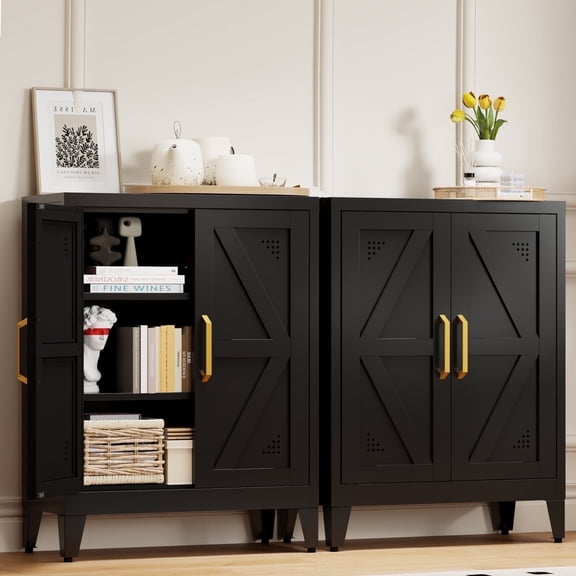 JHYKFG 32"Metal Pantry Storage Cabinet,Freestanding Sideboard with 2 Adjustable Shelves for Small Spaces, Living Room, Hallway, Dining Room,Black