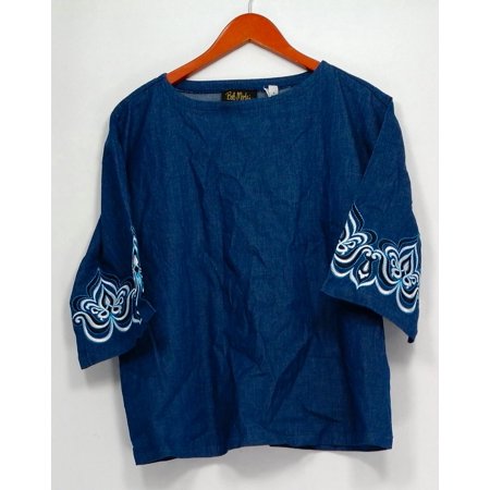 - Bob Mackie Top Sz S Drop Shoulder Blouse w/ Embroidered Sleeves Blue A303007