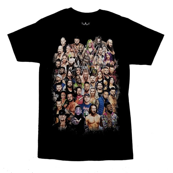 WWE Mens T-Shirt - Giant Group of Wrestlers Around Logo (Large)