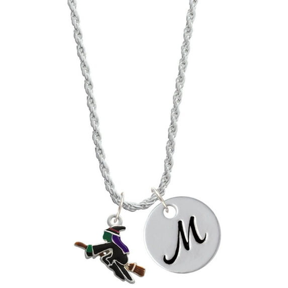 Delight Jewelry Silvertone Flying Witch Silvertone Script Initial Disc - M - Charm Necklace, 20"+3"