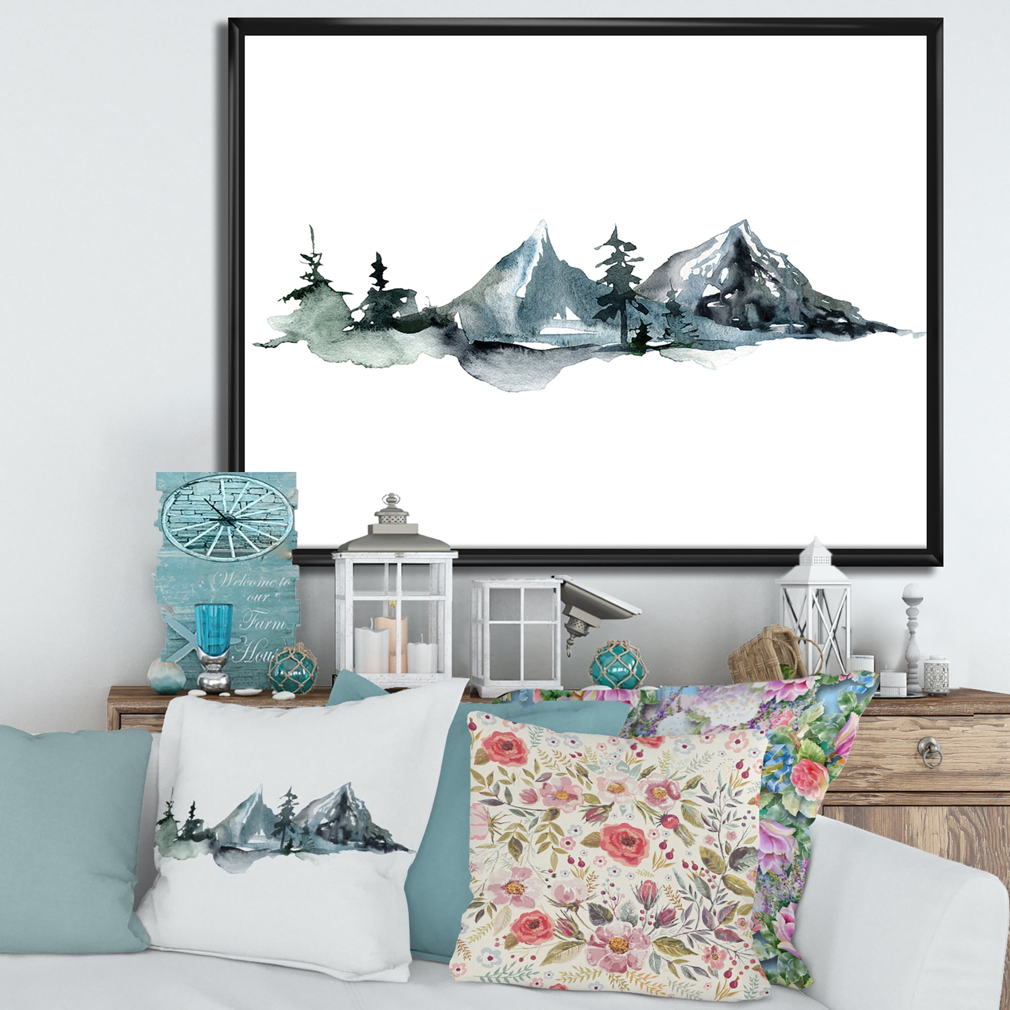 Designart 'Minimalistic Fir Forest and Winter Mountains III' Modern Framed Canvas Wall Art Print