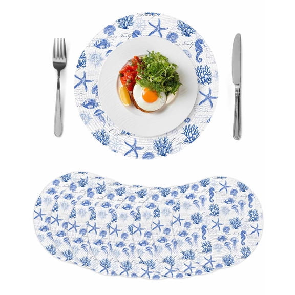Round Woven Placemats set of 8, Watercolor Coastal Washable&Heat Resistant Plastic Wipeable Placemats for Round Table Seahorse Starfish Pattern Kitchen Dining Table Decor, 15in, Blue