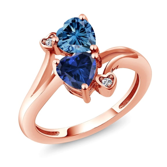 Gem Stone King 18K Rose Gold Plated Silver Persian Blue Moissanite Blue Created Sapphire and White Diamond Ring for Women (1.63 Cttw, Heart Shape 6MM, Gemstone Birthstone, Size 7)