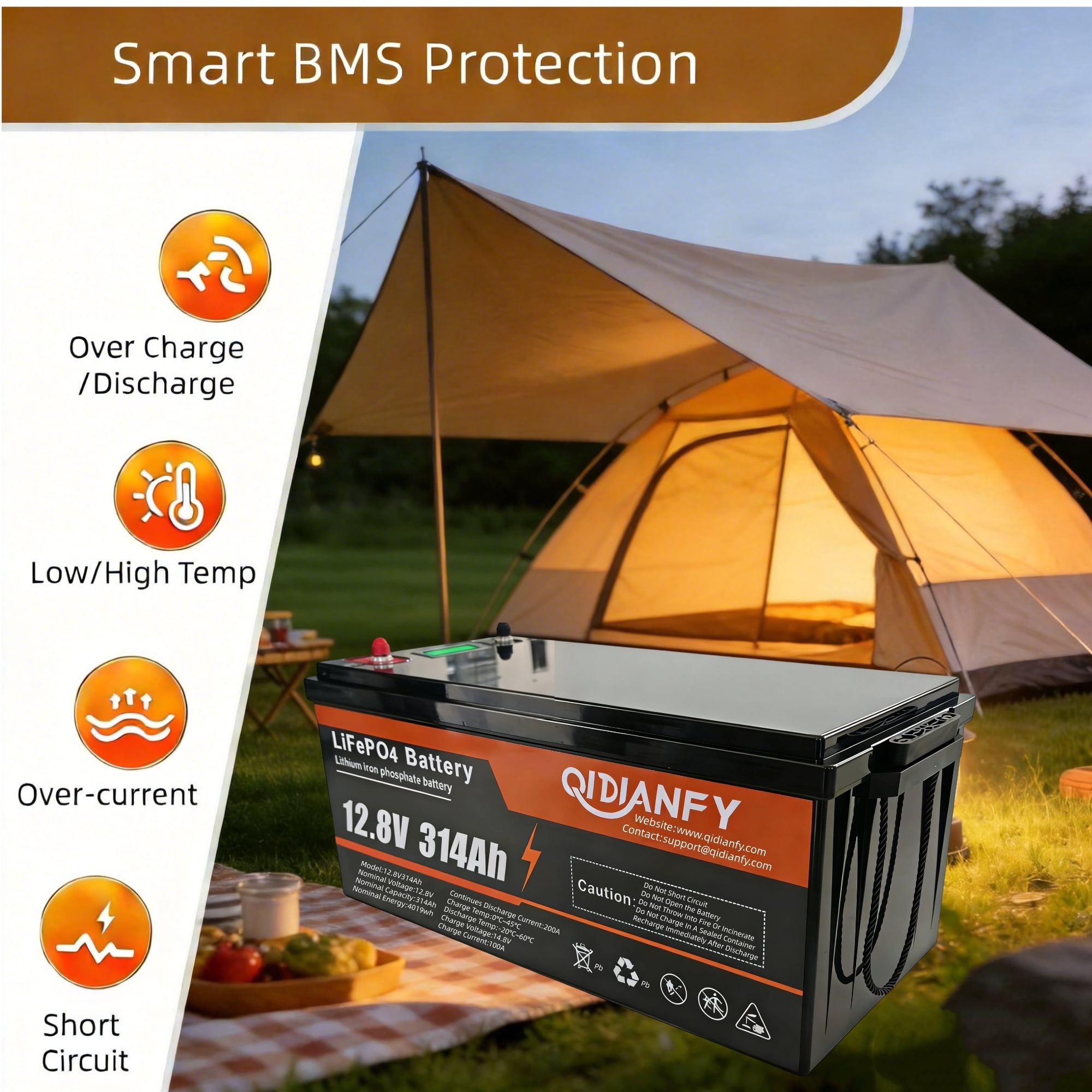 12V 314Ah (300Ah) LiFePO4 Lithium Battery with LCD Display, 200A BMS, 15000+ Deep Cycles, 4019Wh Energy, Low-Temp Protection, Ideal for RV, Marine, Solar, Off-Grid and Home Backup Power