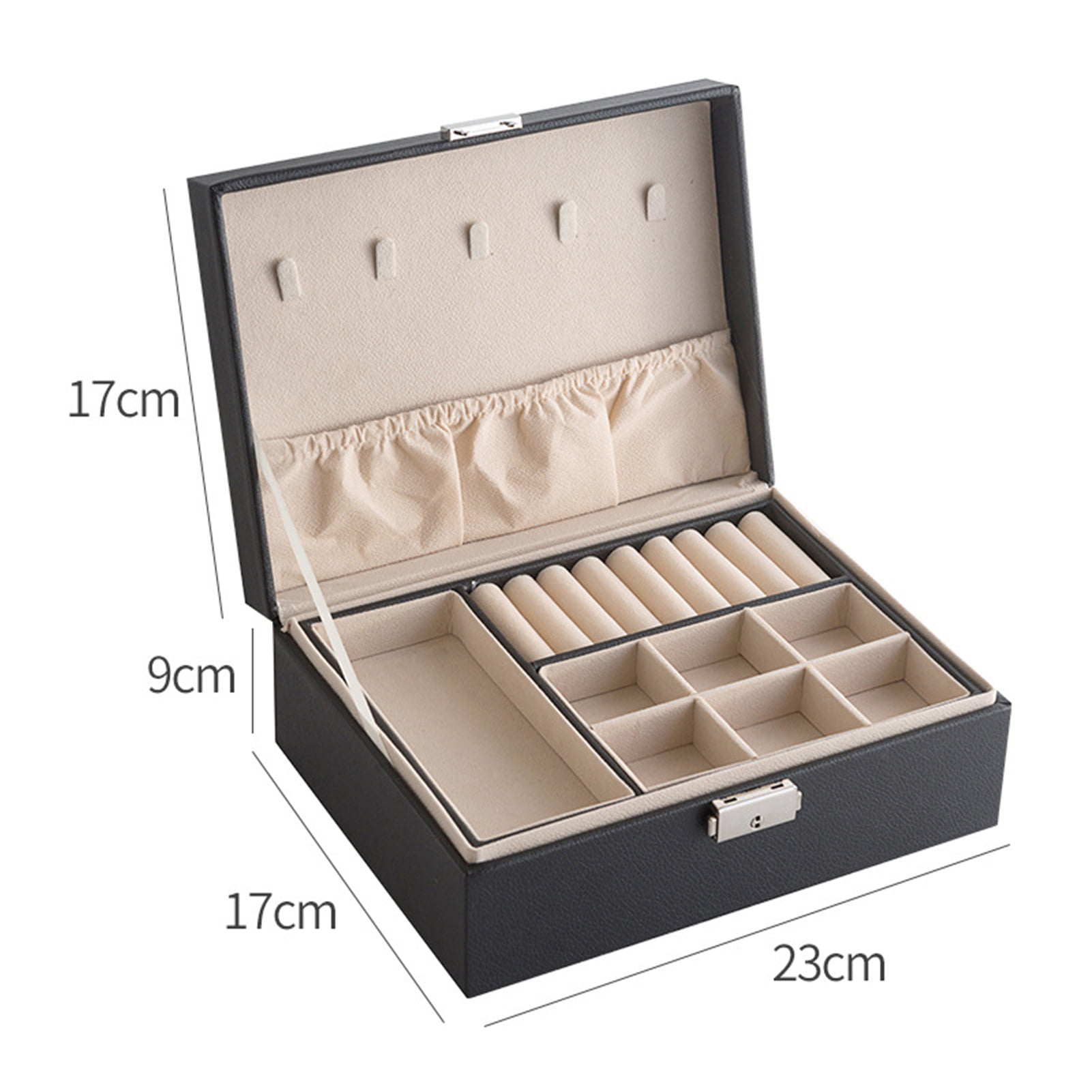 Grofry Double-layer Jewelry Box Safety Lock Micro Fiber Leather Adjustable Compartments Jewelry Case for Rings Black 2 Layer