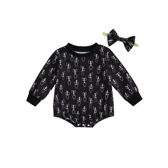 LMLYSoH Baby Girls 2Pcs Halloween Outfits Long Sleeve Skeleton Print Romper with Bow Headband Set Newborn Clothes