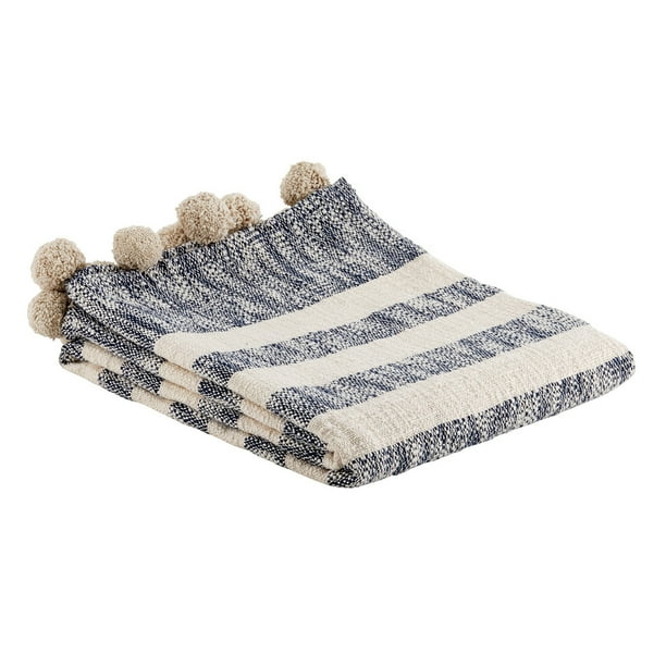 Pom Pom Stylish Cozy Navy Blue Stripe 60 x 50 Slub Cotton Fabric Throw