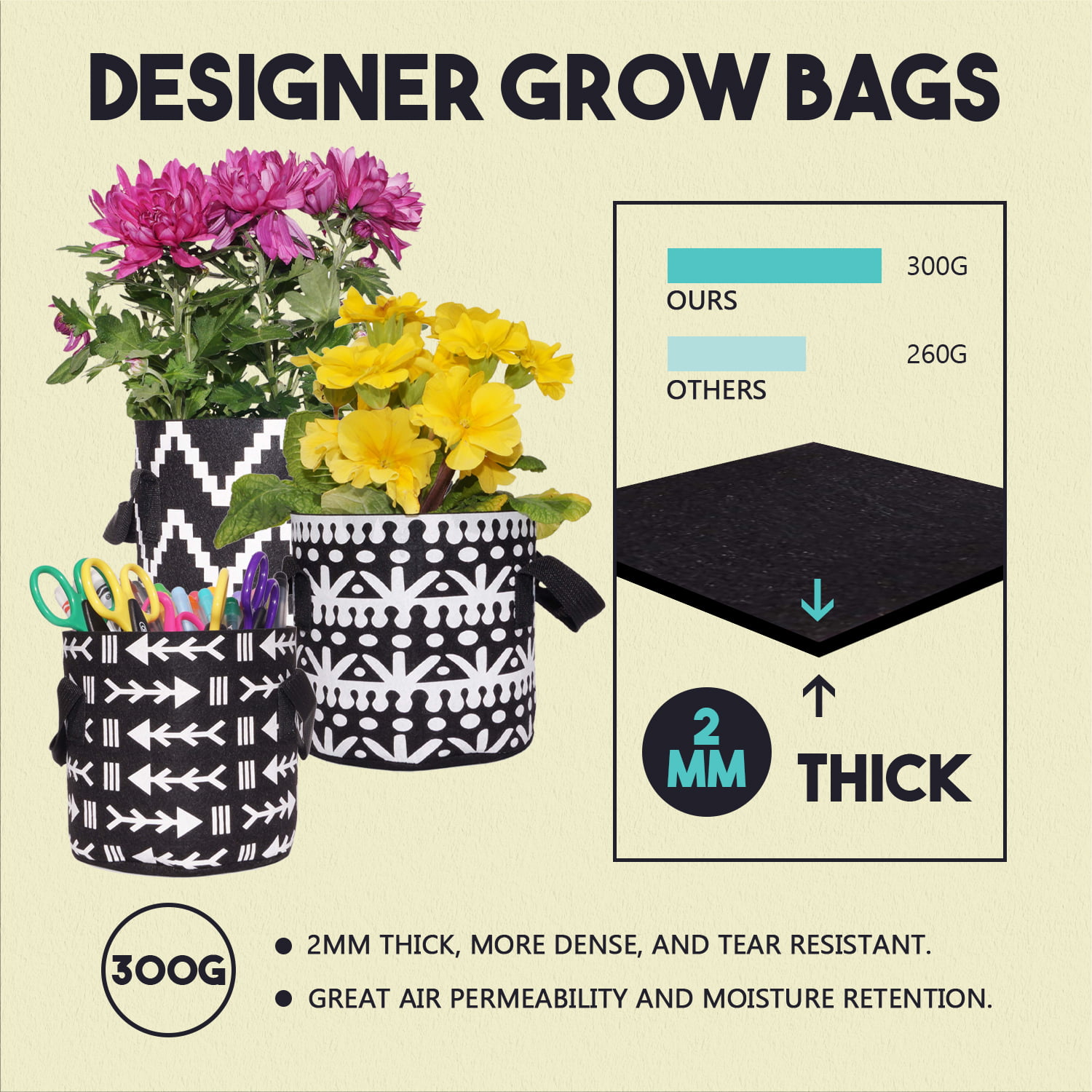 Darware 3 Gallon Grow Bags, Tall Style (Set of 4, Black & White