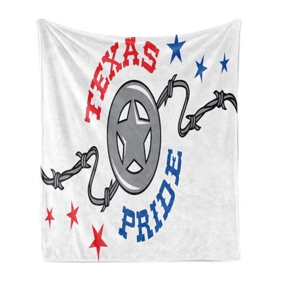 Texas Star Soft Flannel Fleece Throw Blanket, Lone Star and Barb Wire United States of America South Motif, Cozy Plush for Indoor and Outdoor Use, 60" x 80", Vermilion Pale Grey, by Ambesonne