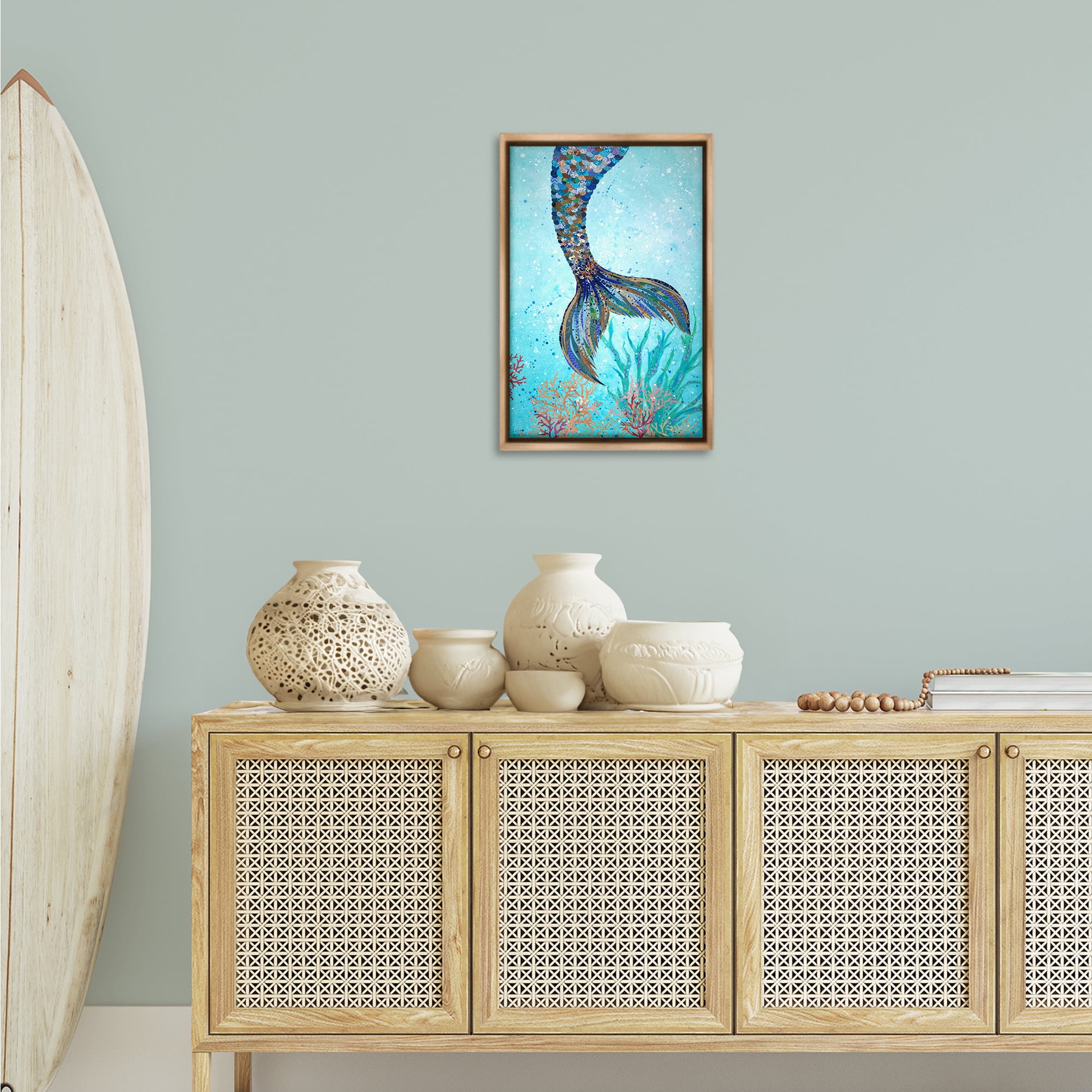 Stupell Industries Tall Tails Mermaid Fairy Tales & Fantasy Painting Brown Floater Framed Canvas Art Print Wall Art, 17 x 25