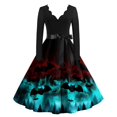 thumbnail image 2 of Women's Halloween Dress Castle Ghost V Neck 1950s Hepburn Retro Dresses Long Sleeve Cocktail Casual Cute Dress with Belt 4XL, 2 of 5