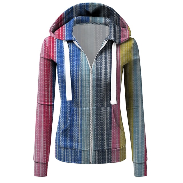 Pntutb Mujer Casual Bolsillos Con Capucha Rayas Cremallera Manga Larga Tops Sudadera Abrigo Pntutb Pntutb-6778