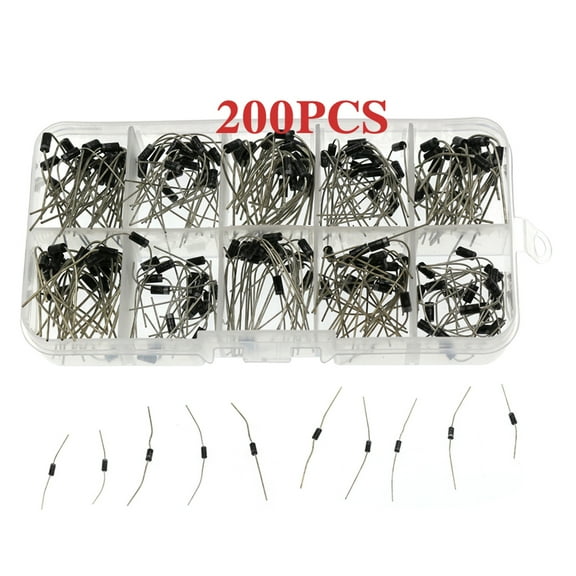 200PCS Diode Assortment Kit 10 Values Rectifier/Schottky Diode 1N4001-1N4007-1N5819 Assorted Set With Storage Box