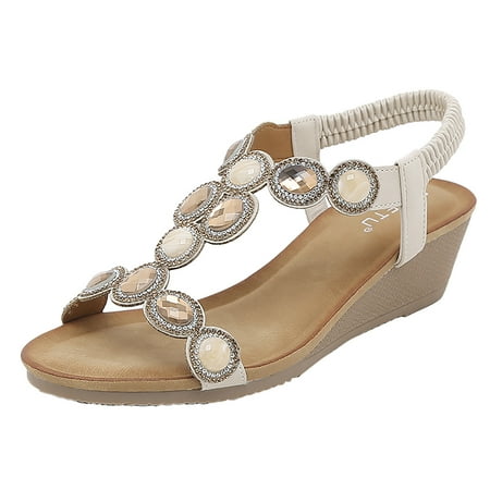

KI-8jcuD Travel Slippers For Women Women Summer Elastic Band Rhinestones Casual Open Toe Wedges Soft Bottom Breathable Shoes Sandals Dressy Wedge Sandals For Women Wedding Womens Wedge Sandals Size