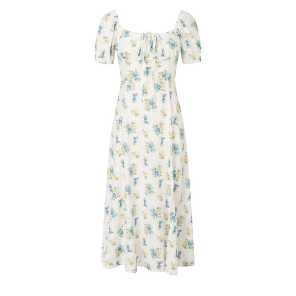 Casual Women's Summer Short Sleeve Square Neck Split Tennis Midi Dress for Everyday Wear Beige M