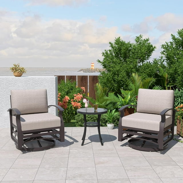Kullavik 3Pcs Aluminum Rocking Chair Swivel Chairs Set with Glass Top Table & 5" Thick Cushion khaki