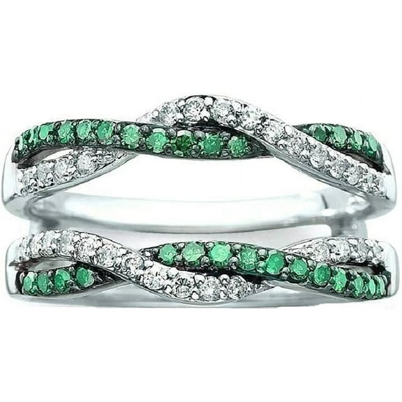 beryl_creation 925 Sterling Silver 14K White Gold Plated 1.90 Ct Round Cut Green Emerald & Diamond Wrap Enhancer Guard Engagement Wedding Ring For Women's -4