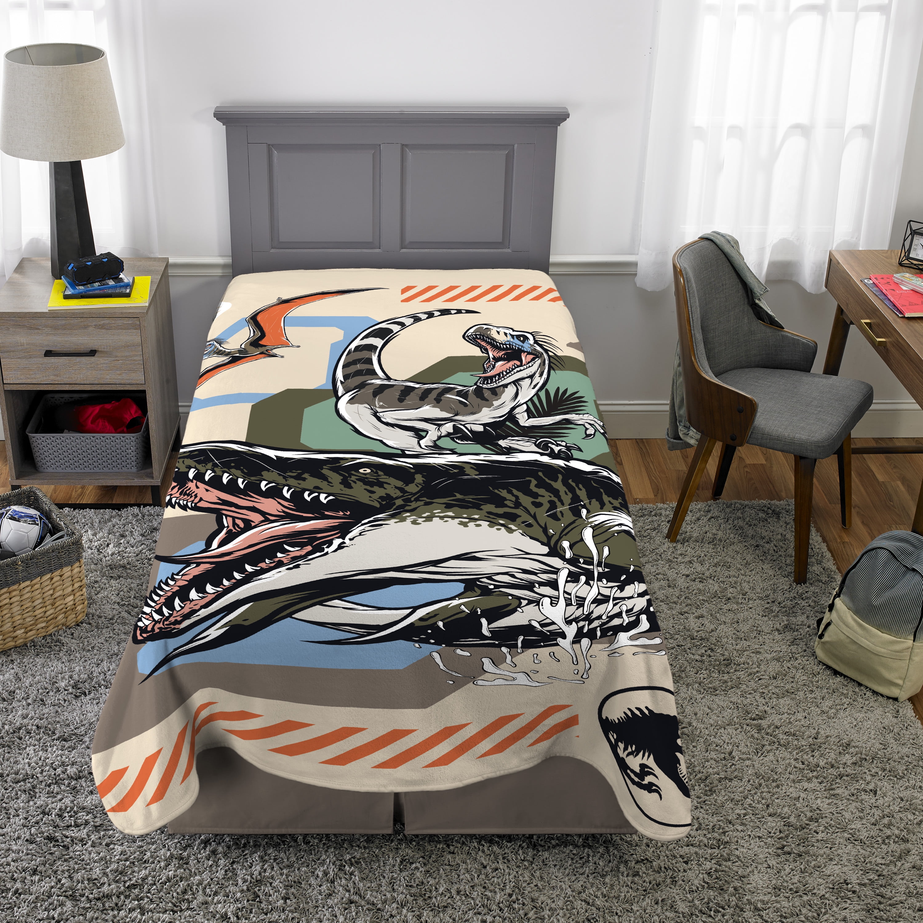 Jurassic World Kids Beige Dinosaur Print Fleece Bed Blanket, Twin/Full