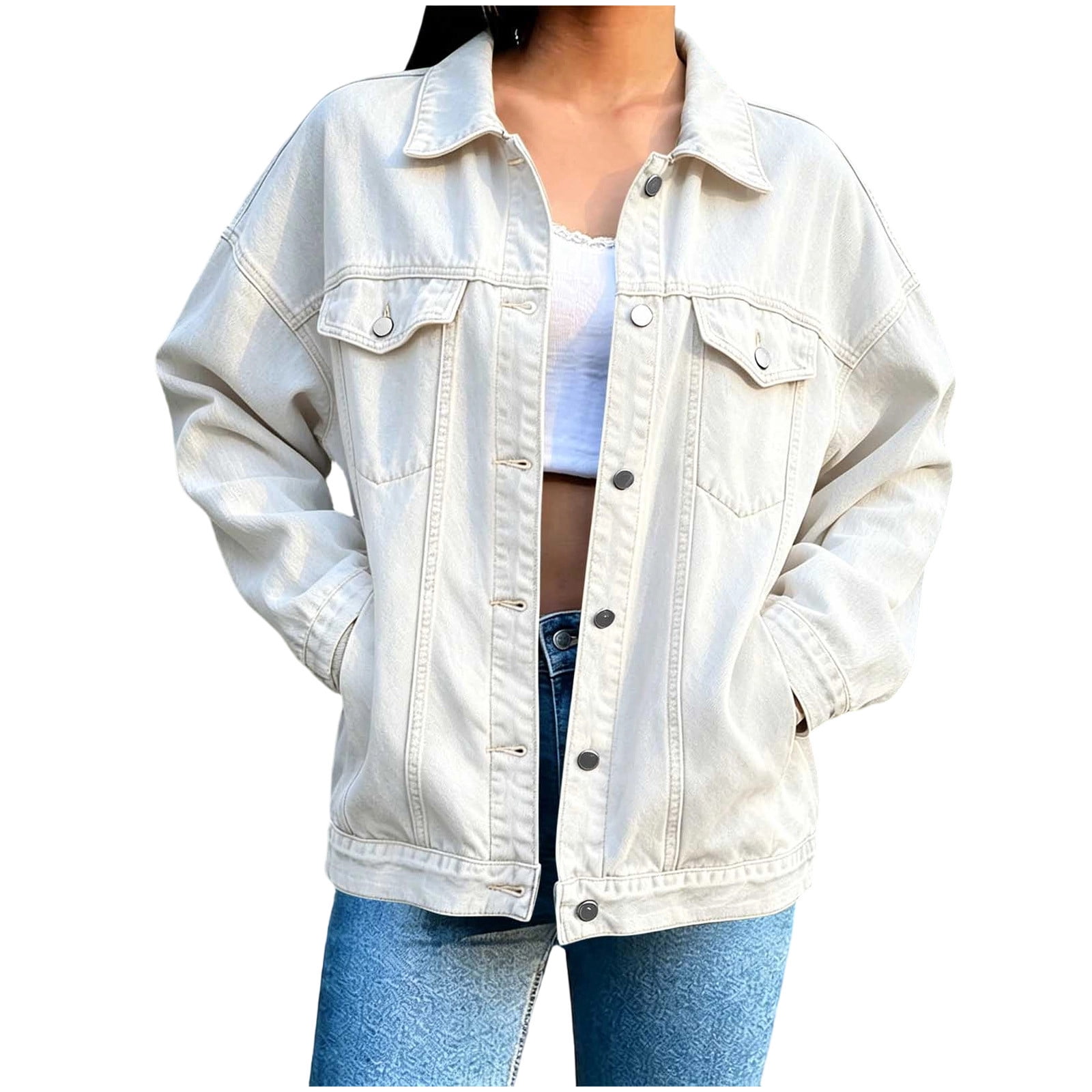 Vmvidoty Womens Stretch Button Down Long Sleeve Pockets Denim Jean Trucker Jacket White 2XL