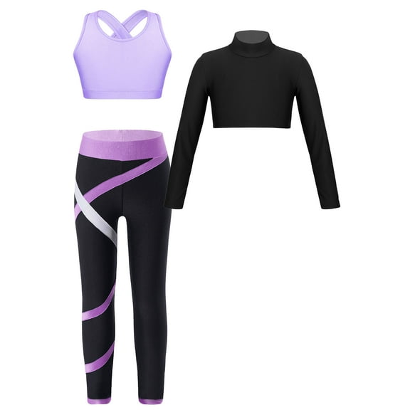 iiniim Kids Girls 3Piece Yoga Dance Gymnastics Tracksuit Long Sleeve Crop Top Sports Bra and Leggings Sportwear Set