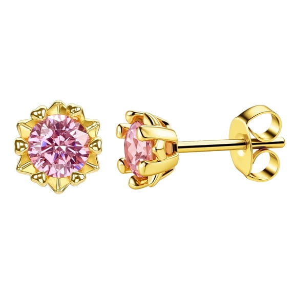 MENGLISI 14K Gold Plated Pink Cubic Zirconia Flower Shape Stud Earrings, Hypoallergenic 925 Sterling Silver Post for Women