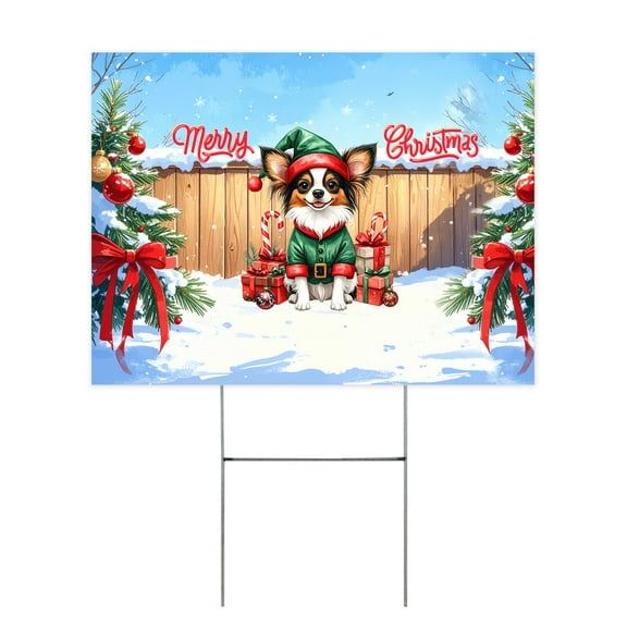Merry Christmas Woofmas Xmas Noel Papillon Elf Candy Cane Snow Yard Sign Pap Butterfly Dog Lover Outdoor Home Lawn Garden Porch Decor - 13017