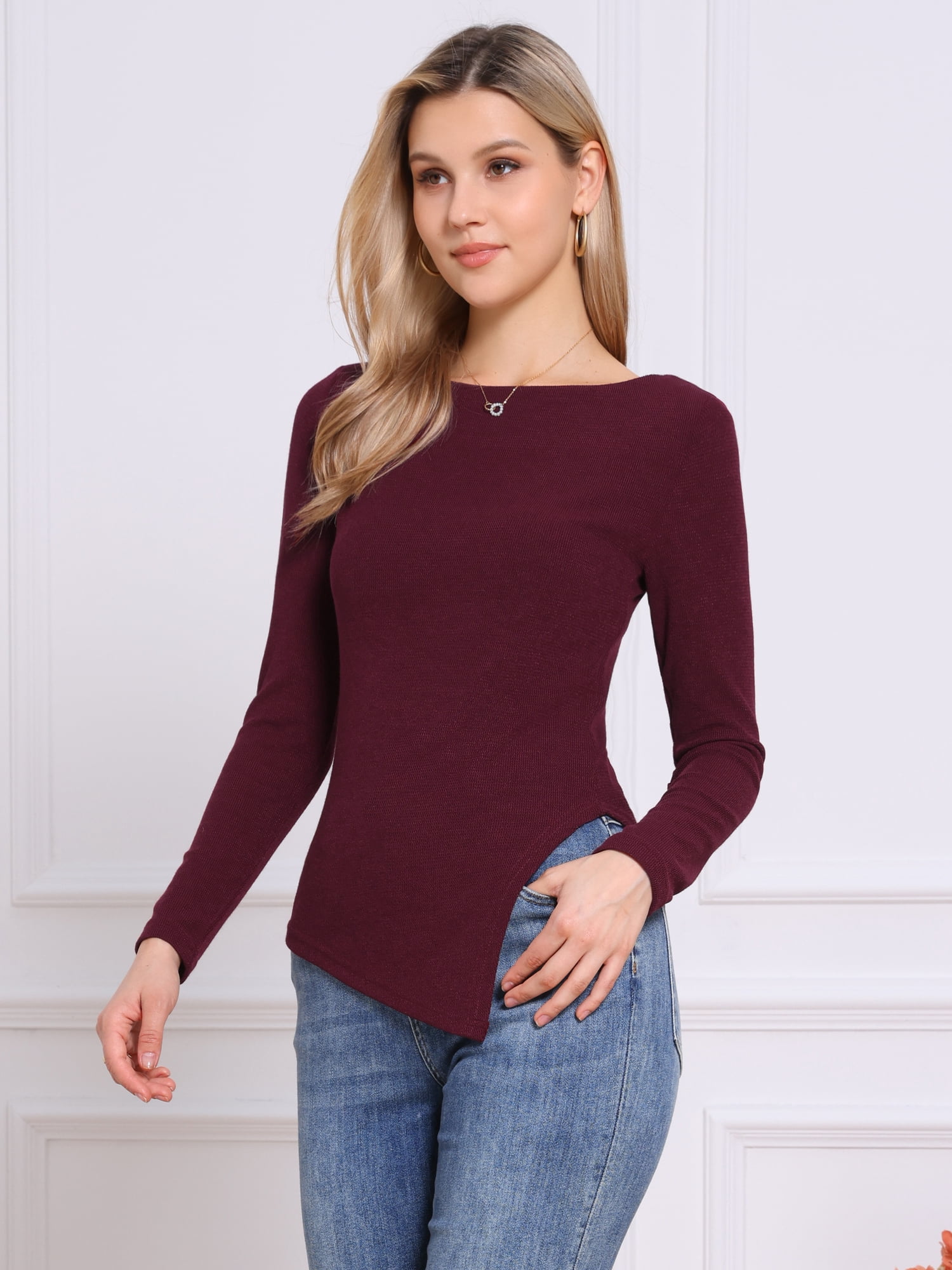 DARING DIVA Women's Spring High Low Stylish Boat Neck Pullover Sweaters XL Red
