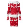 thumbnail image 3 of Women Christmas Outfit Women's Festive Holiday Printed Mini Dress with Long Sleeve Round Neck Above Knee Casual Fit Red M, 3 of 6