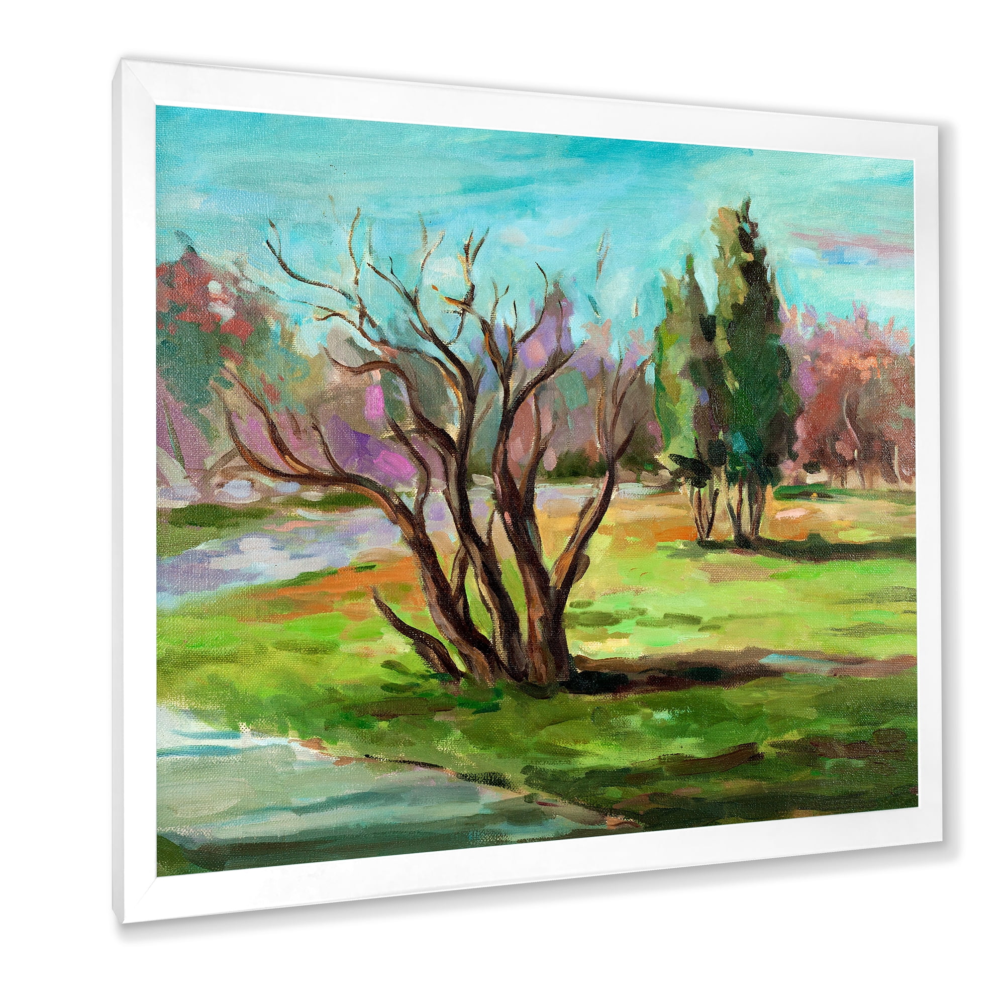 Designart 'Two Distant Trees In A Vibrant Green Landscape' Traditional Framed Art Print