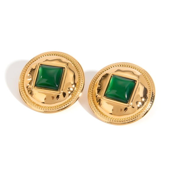 PISONIC Large Chunky Green Gold Round Square Button Stud Enamel Statement Earrings for Women