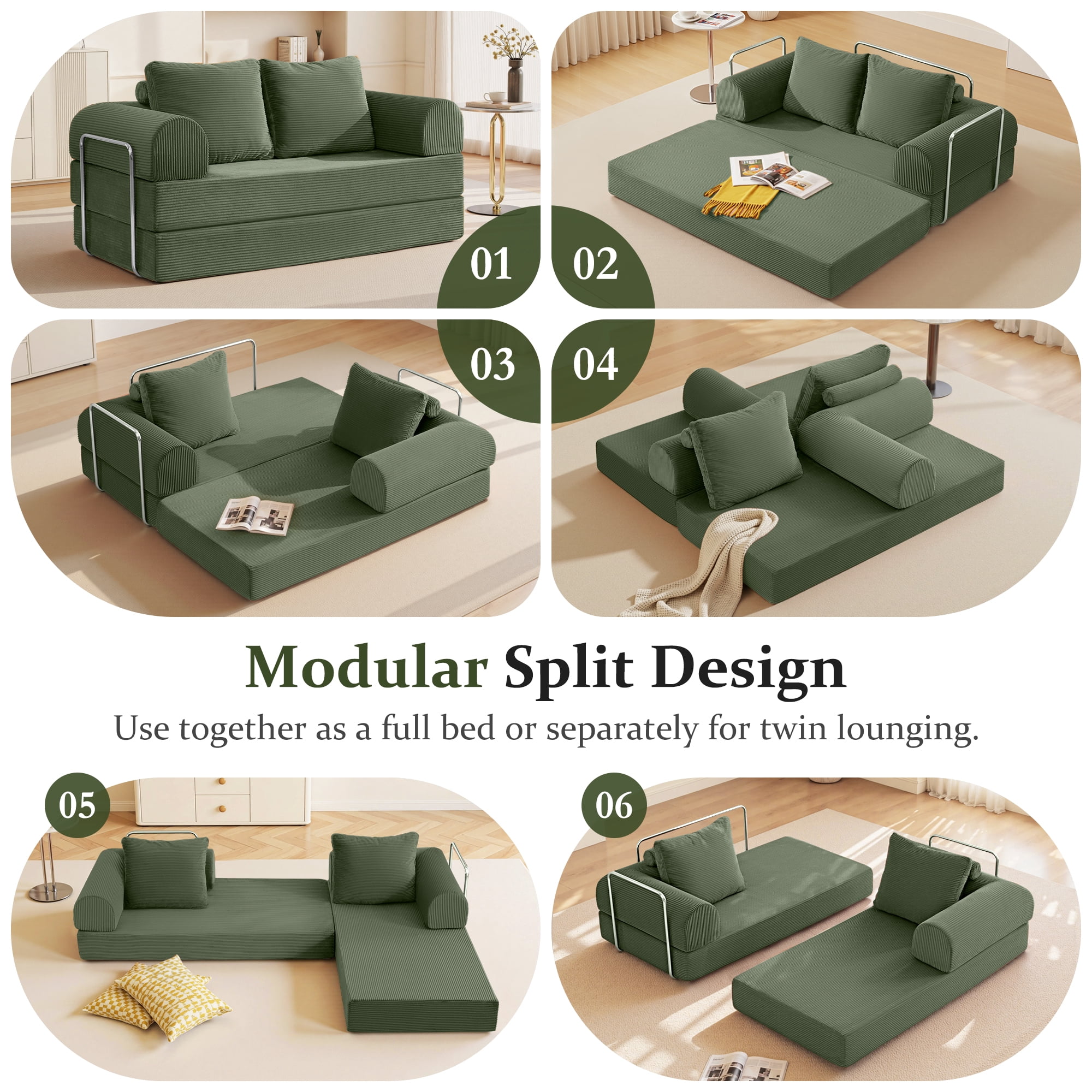 COOLHUT 63" W Convertible Sofa Bed, Foam Floor Sofa, Folding Sleeper Sofa Couch Bed with Six Frame, High Rebound Density Sofa, Corduroy Sofa Couch Bed for Living Room, Bedroom, Oliver Green
