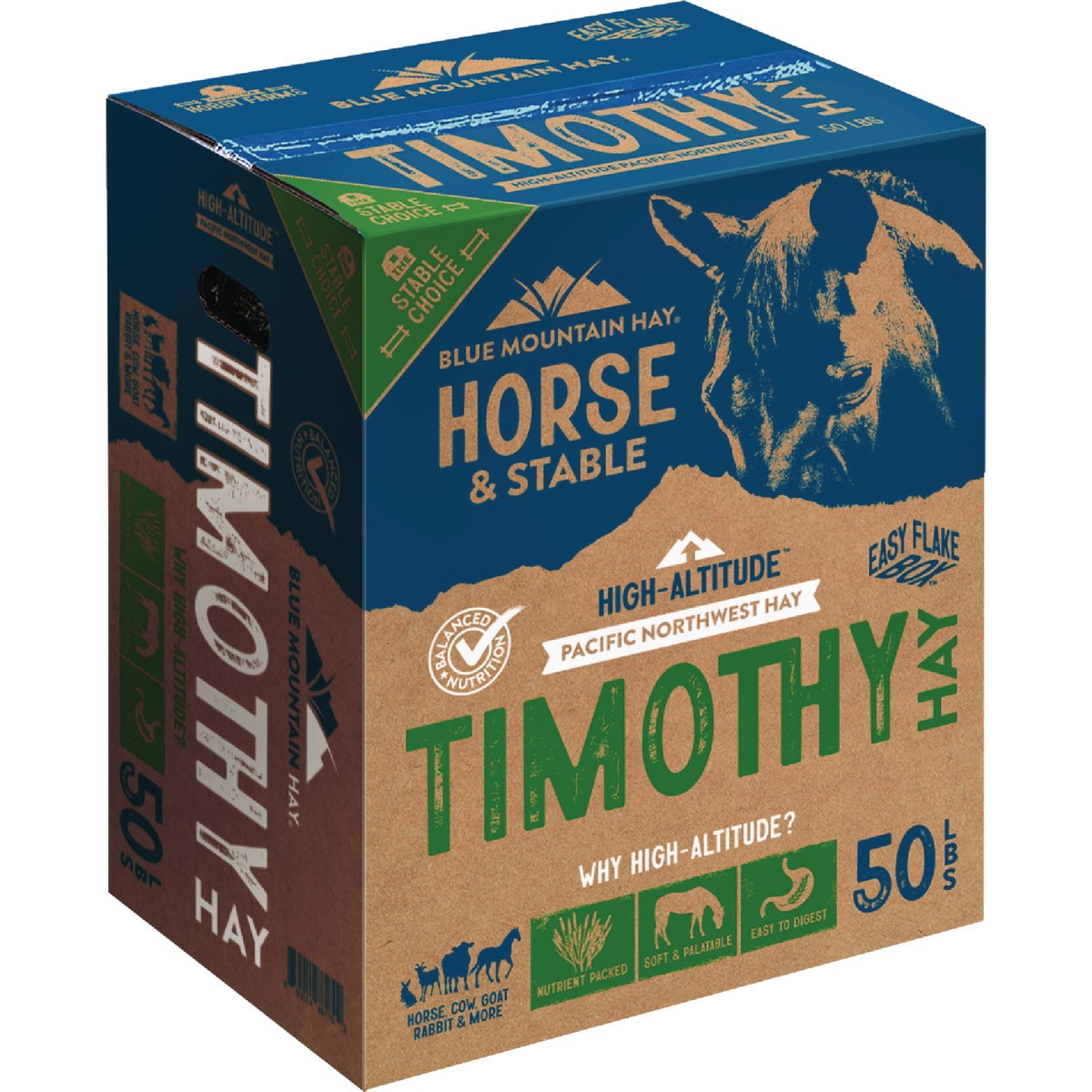 Blue Mountain Hay High-Altitude Timothy Hay, 50lb Easy Flake Box - Balanced Nutrition & High Fiber for Healthy Digestion and Weight - Ideal for Horses, Goats, Rabbits, Guinea Pigs & Other Small Pets