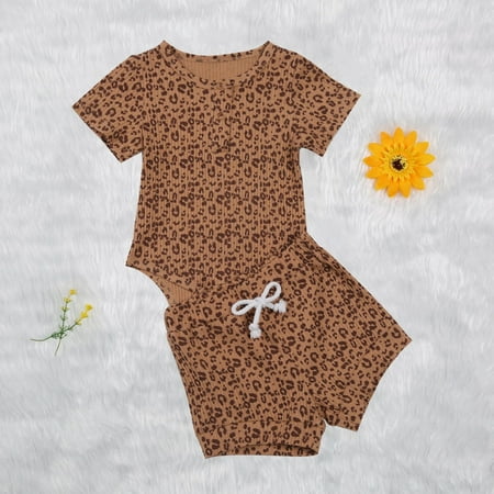 

TUWABEII Toddler Girl s Summer Clothes Newborn Infant Boys Ribbed Leopard Print Romper Short Outfits Set Under $15