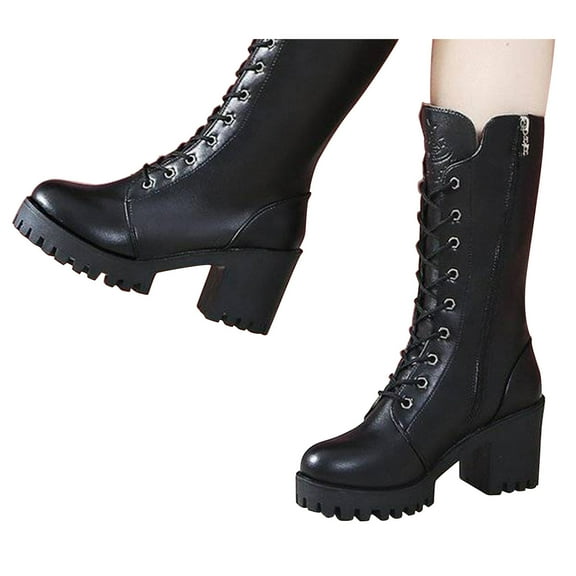 Oyedens Platform Mid Calf Combat Boots for Women Black Fashion Leather High Heels Riding Boots