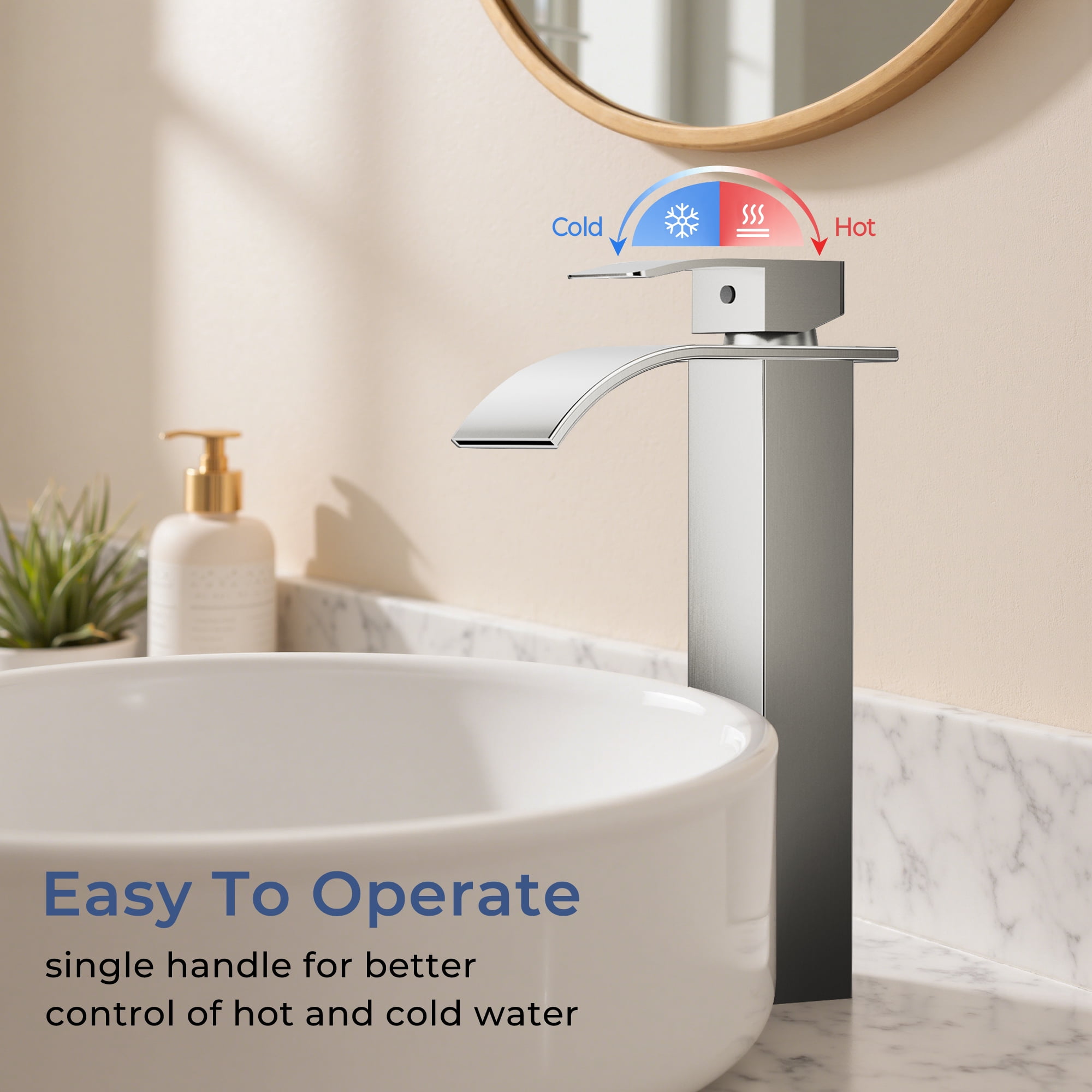 TVOFEK Vessel Sink Faucet Brushed Nickel, Tall Waterfall Bathroom Faucet One Hole with Pop Up Drain and cUPC Hoses for Countertop Sink Basin