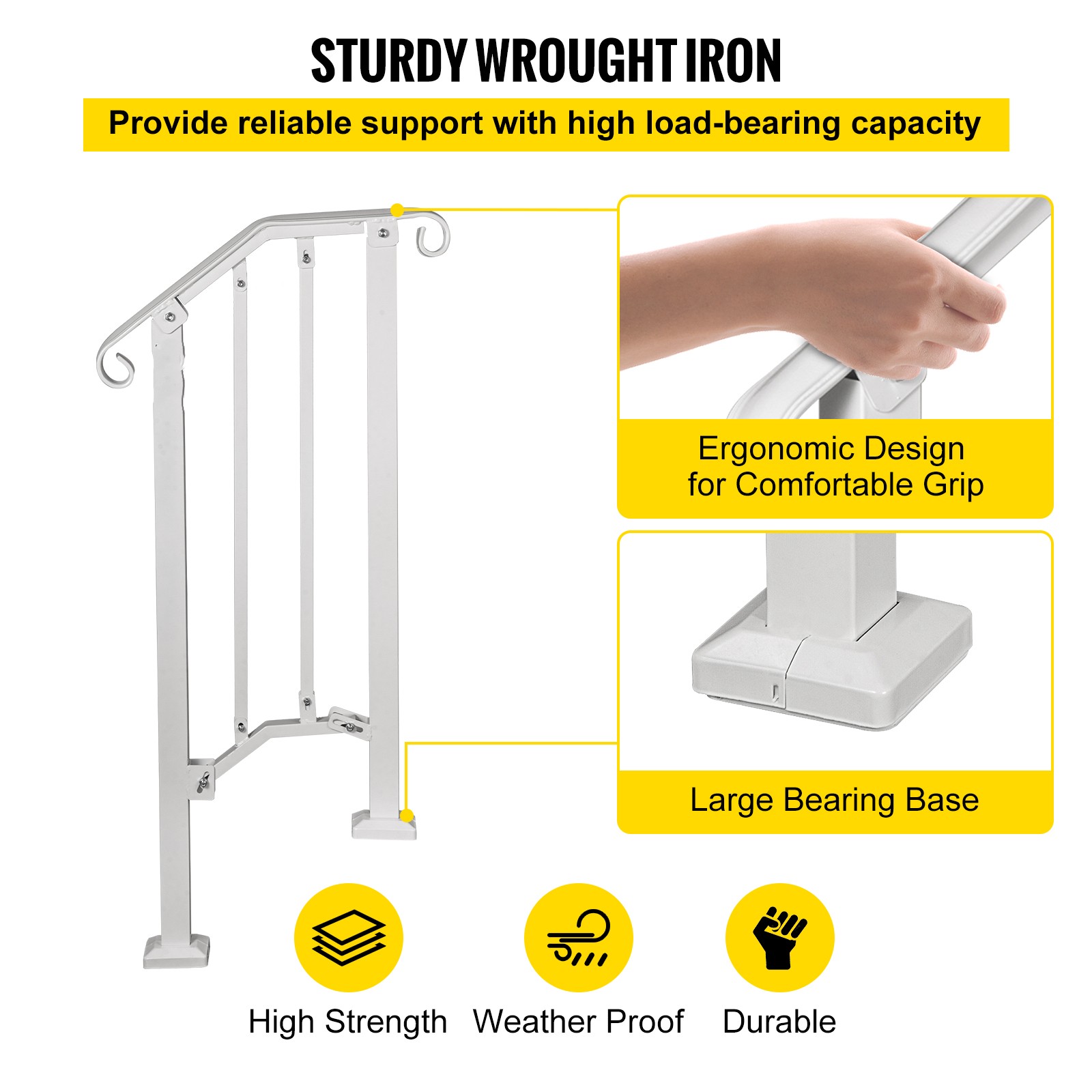 BENTISM Wrought Iron Handrail Fits 1 or 2 Steps for Outdoor Steps Railing White