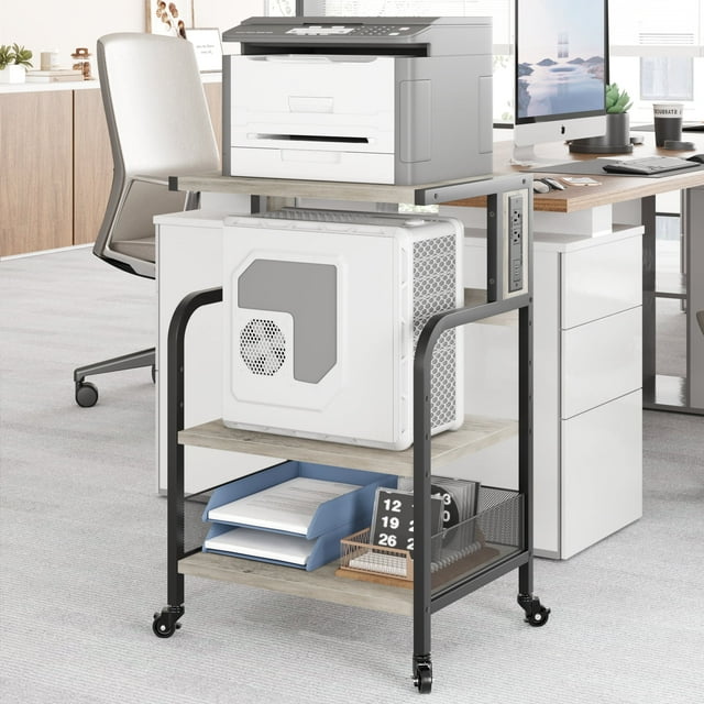 Support d'Imprimante Portable avec Prise de Courant, Table d'Imprimante Roulante à 3 Niveaux avec Tablette de Rangement Réglable et Roues