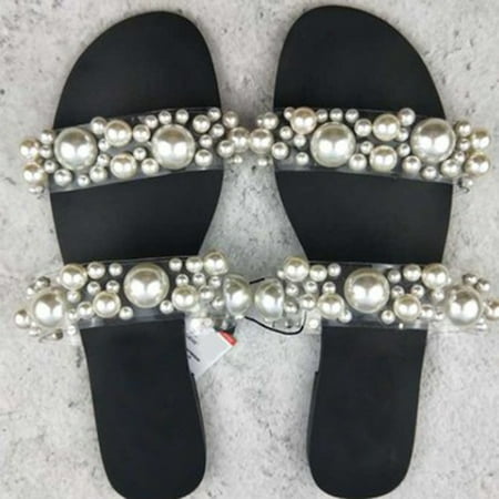 

SQUARE HEAD Women Flat Bohemian Transparent Flat Bottom Pearl Versatile Crystal Sandals Black 37